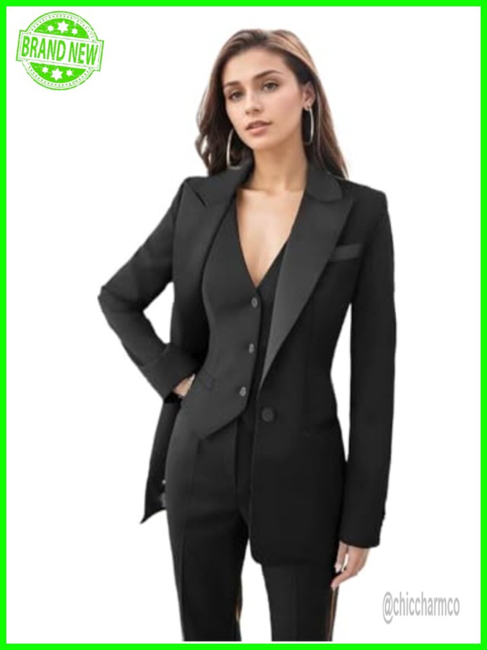 Womens 3 Piece Tuxedo Suit Set Blazer Pants Vest Business Professional